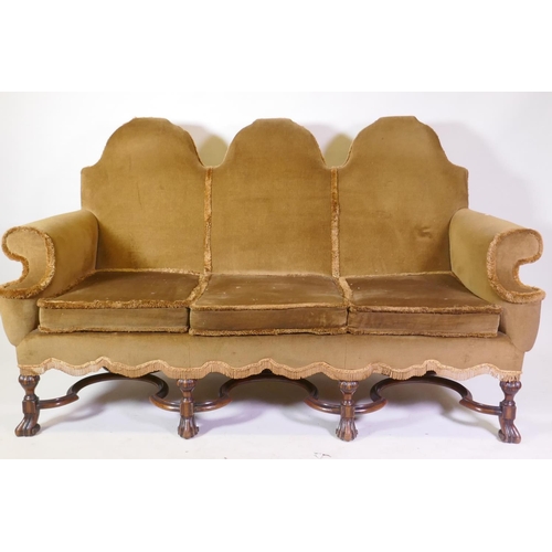 1056 - A Queen Anne style three piece suite, with triple hump back settee and pair of chairs ensuite, raise...