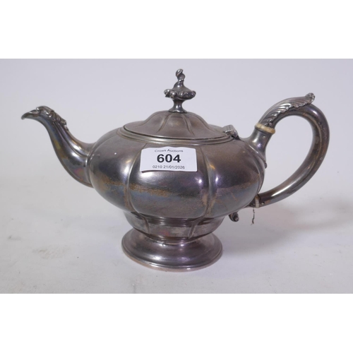 604 - Victorian hallmarked silver teapot, London 1845, Robert Hennell, 594g