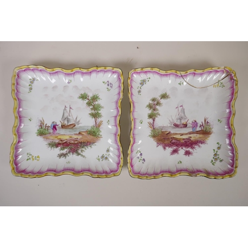 122 - A pair of C18th/C19th French faience square form dishes with shaped rims and hand painted decoration... 