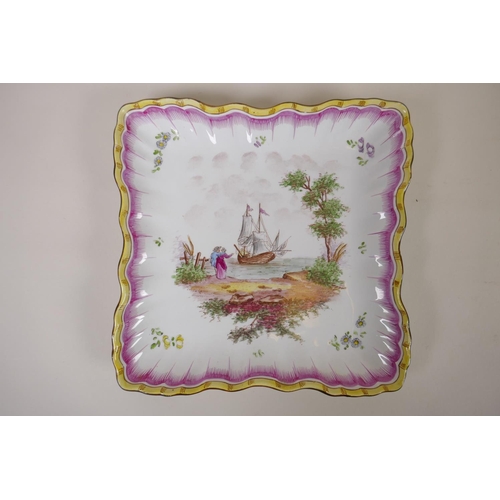 122 - A pair of C18th/C19th French faience square form dishes with shaped rims and hand painted decoration... 