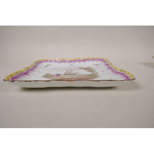 122 - A pair of C18th/C19th French faience square form dishes with shaped rims and hand painted decoration... 
