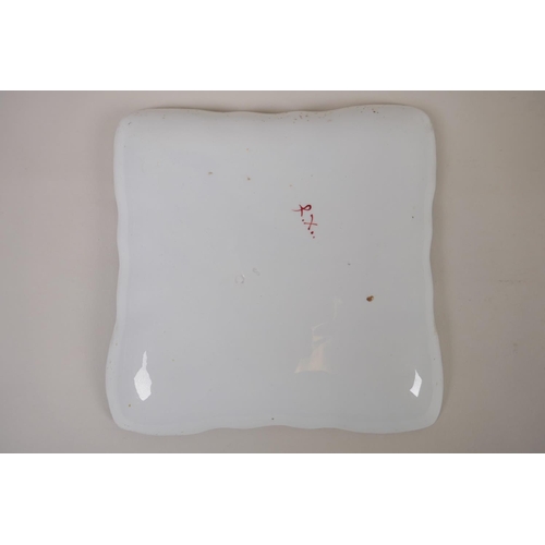 122 - A pair of C18th/C19th French faience square form dishes with shaped rims and hand painted decoration... 
