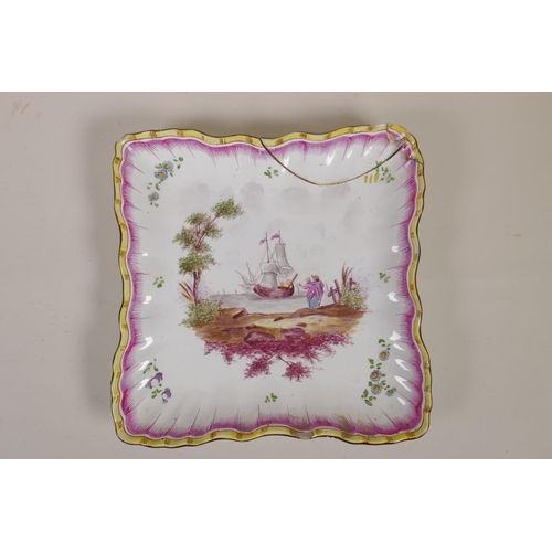 122 - A pair of C18th/C19th French faience square form dishes with shaped rims and hand painted decoration... 