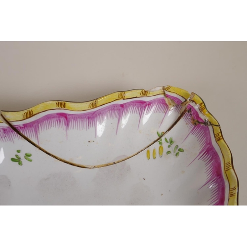 122 - A pair of C18th/C19th French faience square form dishes with shaped rims and hand painted decoration... 