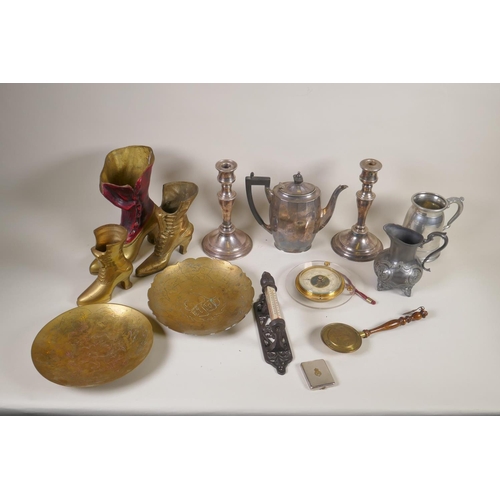 127 - A quantity of assorted metal wares including silver plated candlesticks, brass boots, silver plated ... 