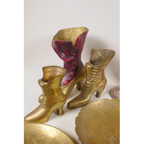 127 - A quantity of assorted metal wares including silver plated candlesticks, brass boots, silver plated ... 