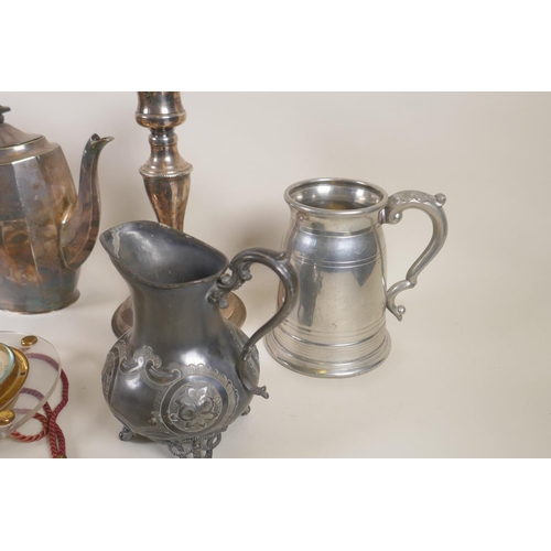127 - A quantity of assorted metal wares including silver plated candlesticks, brass boots, silver plated ... 