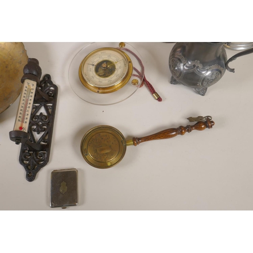127 - A quantity of assorted metal wares including silver plated candlesticks, brass boots, silver plated ... 