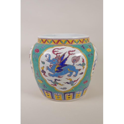 162 - A Chinese polychrome porcelain jar with decorative panels, depicting mythical creatures, 7 character... 