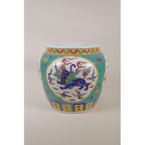 162 - A Chinese polychrome porcelain jar with decorative panels, depicting mythical creatures, 7 character... 