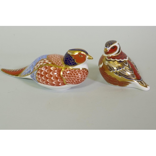 171 - Royal Crown Derby porcelain paperweight in the form of a pheasant, 18cm long, and a chaffinch