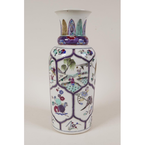 14 - A Chinese polychrome porcelain vase with enamelled decorative lobed panel design depicting birds and...