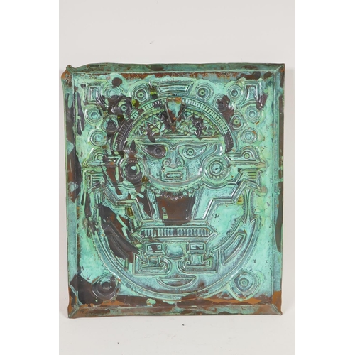 A South American style copper and white metal repousse panel depicting ...