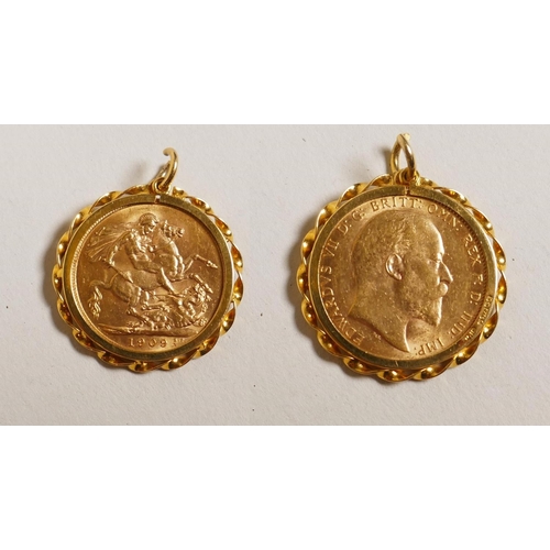 646 - Edward VII sovereign 1909 in a 9ct gold mount, 9.9g gross