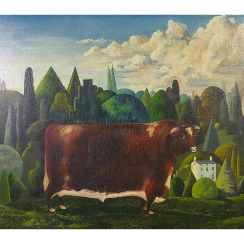 801 - Julie Hine, (British, b.1945), naive/folk art style portrait of a bull in a landscape, unsigned, oil...