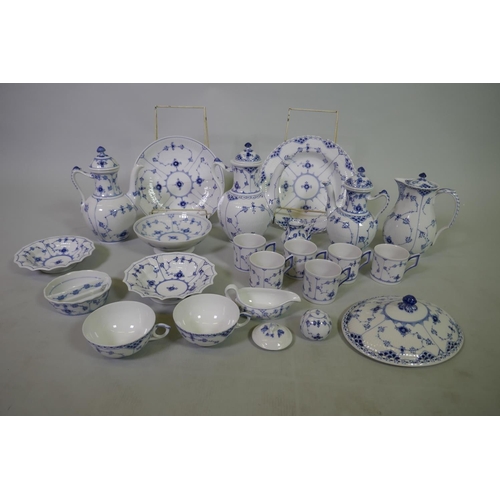 93 - Royal Copenhagen blue fluted Musselmalet coffee pot, No.1/47 with matching cover; cream jug, blue fl...