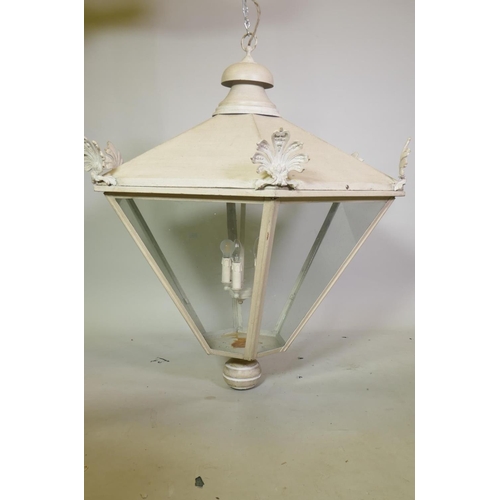 1038 - A large painted copper and brass hanging porch lantern, approx 110cm drop