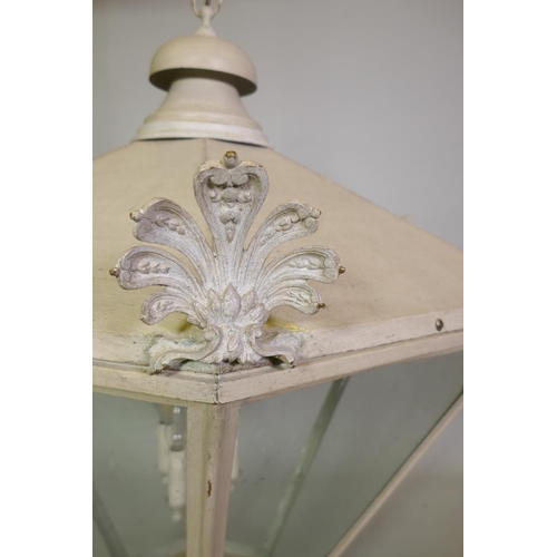 1038 - A large painted copper and brass hanging porch lantern, approx 110cm drop