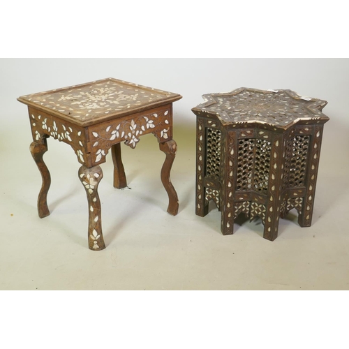 1039 - A Moorish side table with bone and mother of pearl inlaid decoration, 47 x 40cm, and a similar squar...