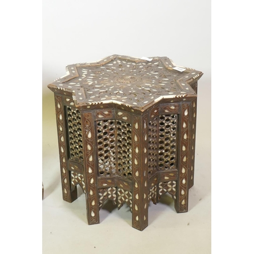 1039 - A Moorish side table with bone and mother of pearl inlaid decoration, 47 x 40cm, and a similar squar... 