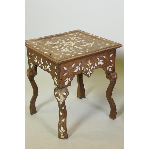 1039 - A Moorish side table with bone and mother of pearl inlaid decoration, 47 x 40cm, and a similar squar... 