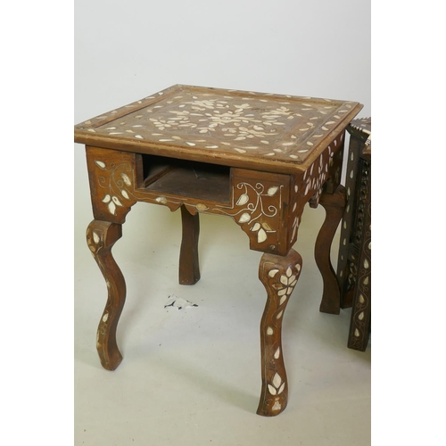 1039 - A Moorish side table with bone and mother of pearl inlaid decoration, 47 x 40cm, and a similar squar... 