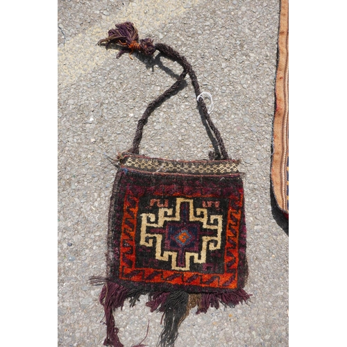1040 - A Turkman multi colour kilim, 90 x 110cm, and belouch bag