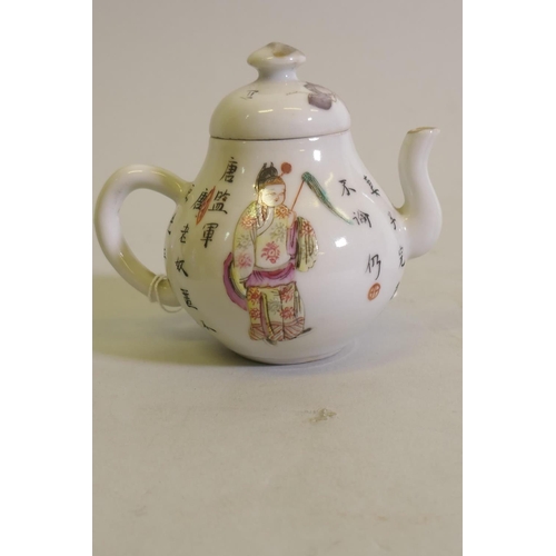 298 - A Chinese porcelain miniature teapot decorated in enamels with inscriptions, 9cm high, a famille ros... 