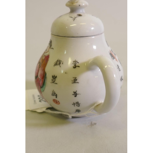 298 - A Chinese porcelain miniature teapot decorated in enamels with inscriptions, 9cm high, a famille ros... 