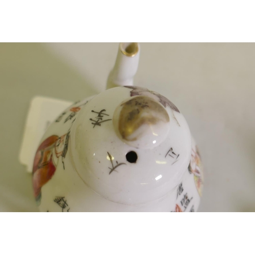 298 - A Chinese porcelain miniature teapot decorated in enamels with inscriptions, 9cm high, a famille ros... 
