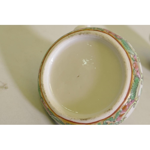 298 - A Chinese porcelain miniature teapot decorated in enamels with inscriptions, 9cm high, a famille ros... 