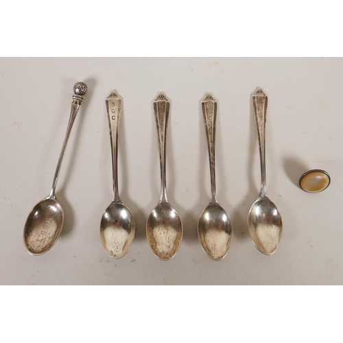602 - A pair of silver clothes brushes with inset shagreen handles, two silver napkin rings, five silver t... 