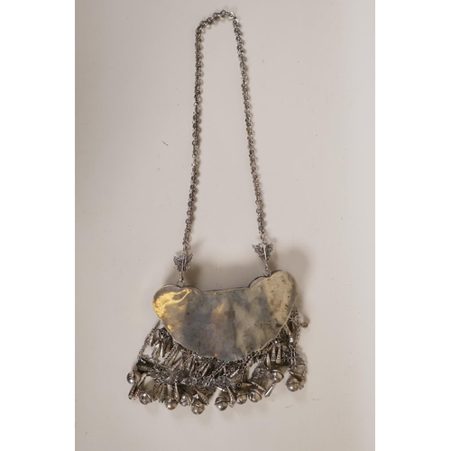 606 - A Chinese white metal 'Hmong' charm necklace with filigree decoration of dragons and flowers, 19cm w... 