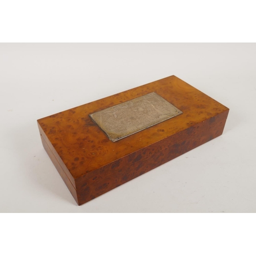 663 - A burr walnut and silver mounted cigar box, 25.5 x 13cm, 5cm high