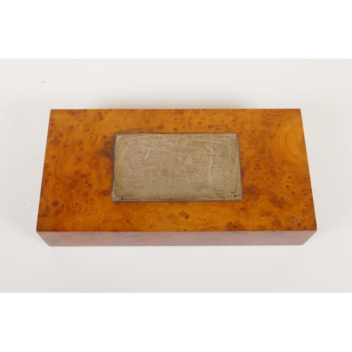 663 - A burr walnut and silver mounted cigar box, 25.5 x 13cm, 5cm high