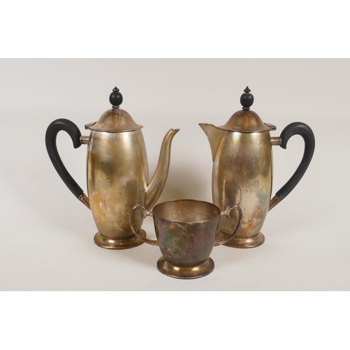 664 - A hallmarked silver three piece tea/coffee set by Lee & Wigfull, Sheffield 1930, 723g gross, fou... 