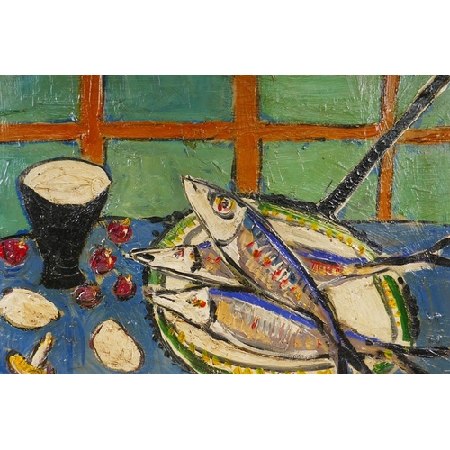 839 - Expressionist still life with fish, bears signature C. Venard, oil on board, 75 x 54cm