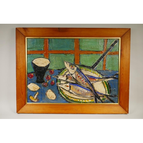 839 - Expressionist still life with fish, bears signature C. Venard, oil on board, 75 x 54cm