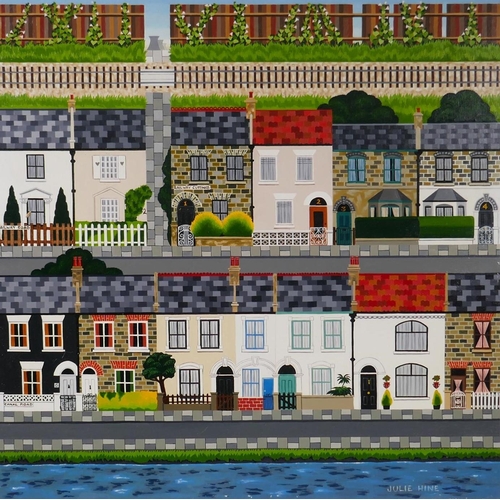 899 - Julie Hine, (British, b.1945), Terraces, naive/folk art style landscape with terraced streets, oil o...
