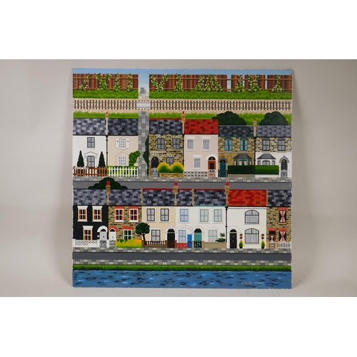 899 - Julie Hine, (British, b.1945), Terraces, naive/folk art style landscape with terraced streets, oil o... 