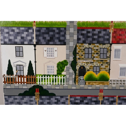 899 - Julie Hine, (British, b.1945), Terraces, naive/folk art style landscape with terraced streets, oil o... 