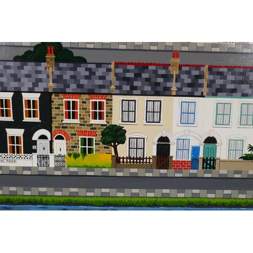 899 - Julie Hine, (British, b.1945), Terraces, naive/folk art style landscape with terraced streets, oil o... 