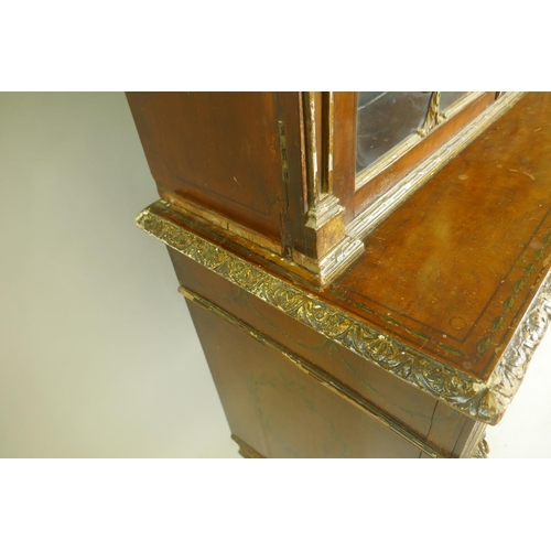 1001 - A C19th satinwood Sheraton Revival cabinet in two sections, with painted and parcel gilt decoration,... 