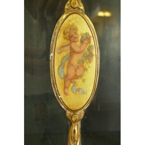 1001 - A C19th satinwood Sheraton Revival cabinet in two sections, with painted and parcel gilt decoration,... 