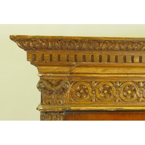 1001 - A C19th satinwood Sheraton Revival cabinet in two sections, with painted and parcel gilt decoration,... 