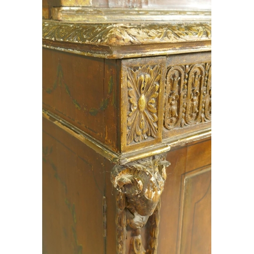 1001 - A C19th satinwood Sheraton Revival cabinet in two sections, with painted and parcel gilt decoration,... 