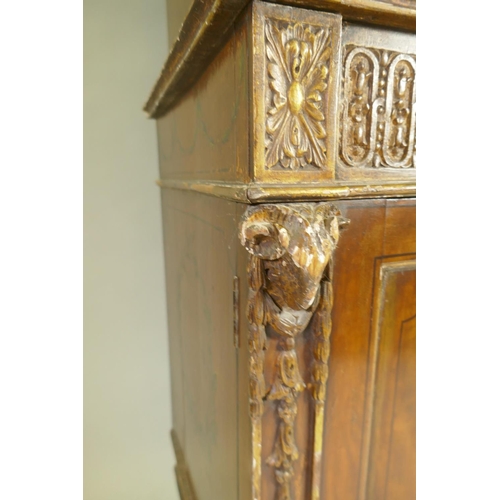 1001 - A C19th satinwood Sheraton Revival cabinet in two sections, with painted and parcel gilt decoration,... 