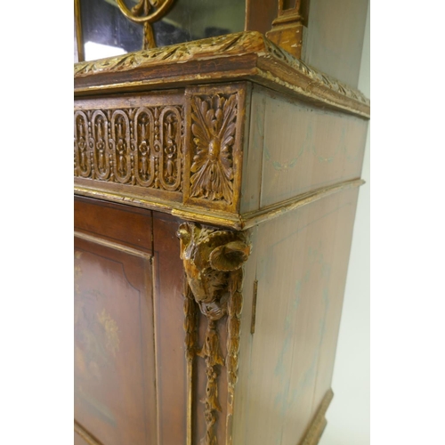 1001 - A C19th satinwood Sheraton Revival cabinet in two sections, with painted and parcel gilt decoration,... 