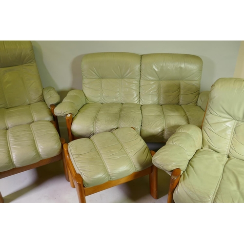 1008 - A vintage Scandinavian teak Ekornes Stressless 'Montana' five piece suite in sage green leather, a t... 