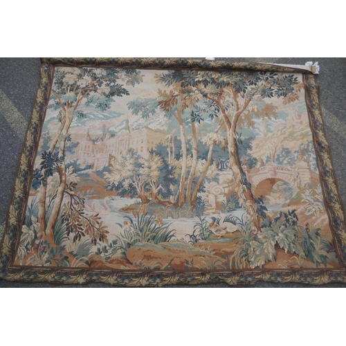 1032 - Belgian/Flemish tapestry depicting a pastoral scene with country house and ornamental gardens, C20th... 